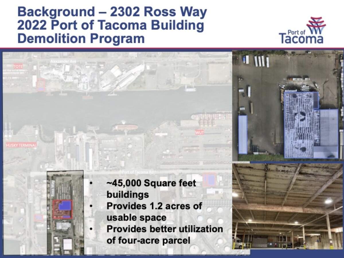 The Port-owned property has a warehouse/office building and a storage shed.