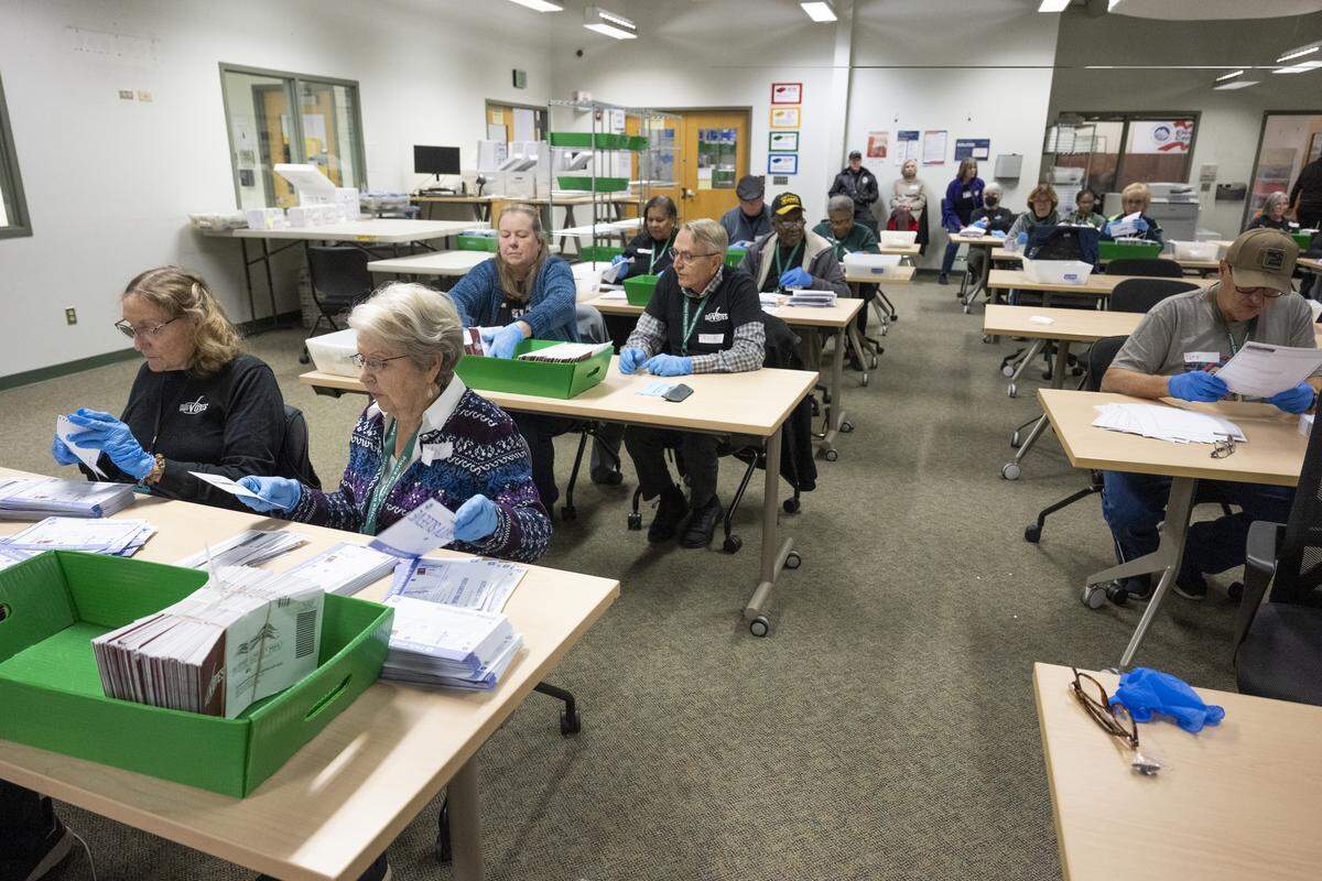 Election workers open ballots in batches of 250, verifying names and removing security sleeves from envelopes, on Monday, Nov. 3, 2025, at the Pierce County Elections Center in Tacoma, Wash. Security sleeves are shuffled before being removed for voter anonymity.