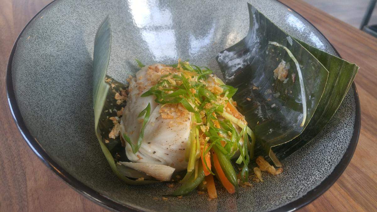 Cod steamed inside banana leaves from Brix 25 in Gig Harbor.