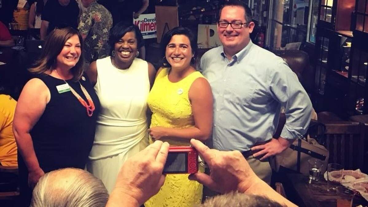 Pierce County Democrats had much to smile about Tuesday night. (From left) Connie Fitzpatrick, Joy Stanford and Emily Randall are political newcomers running for three 26th District legislative seats, while Derek Young is running for re-election to the Pierce County Council.