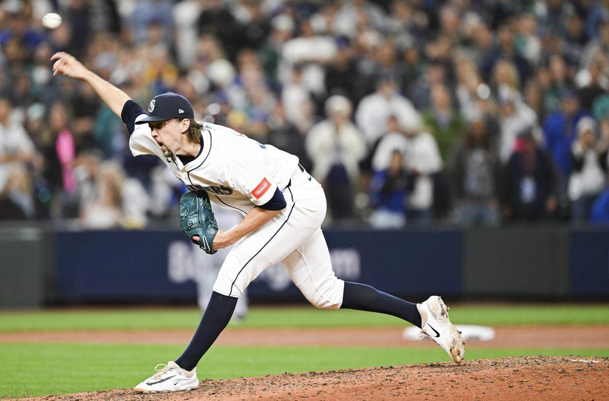 Seattle Mariners pitcher Logan Gilbert (36) pitches during the tenth inning of Game 5 of the AL Division Series against the Detroit Tigers at T-Mobile Park, on Friday, Oct. 10, 2025, in Seattle.