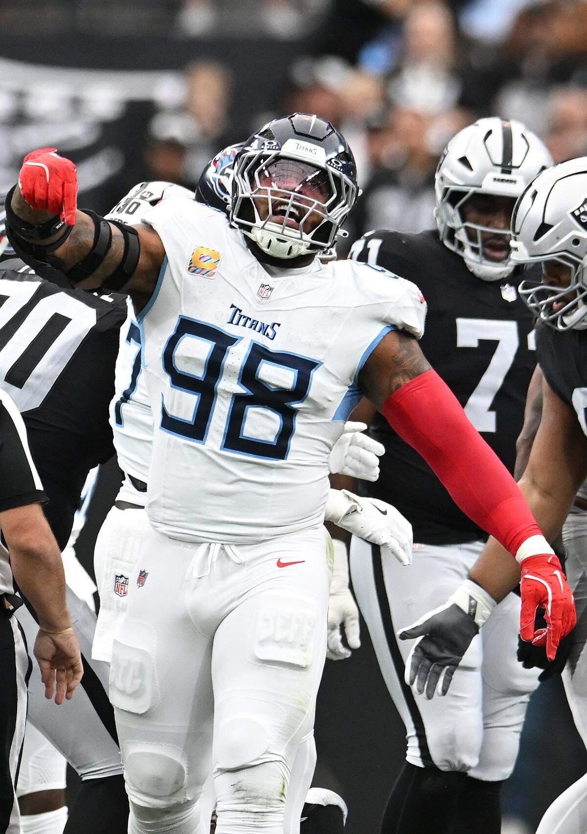 LAS VEGAS, NEVADA - OCTOBER 12: Jeffery Simmons #98 of the Tennessee Titans reacts in the game against the Las Vegas Raiders at Allegiant Stadium on October 12, 2025 in Las Vegas, Nevada. (Photo by Candice Ward/Getty Images)