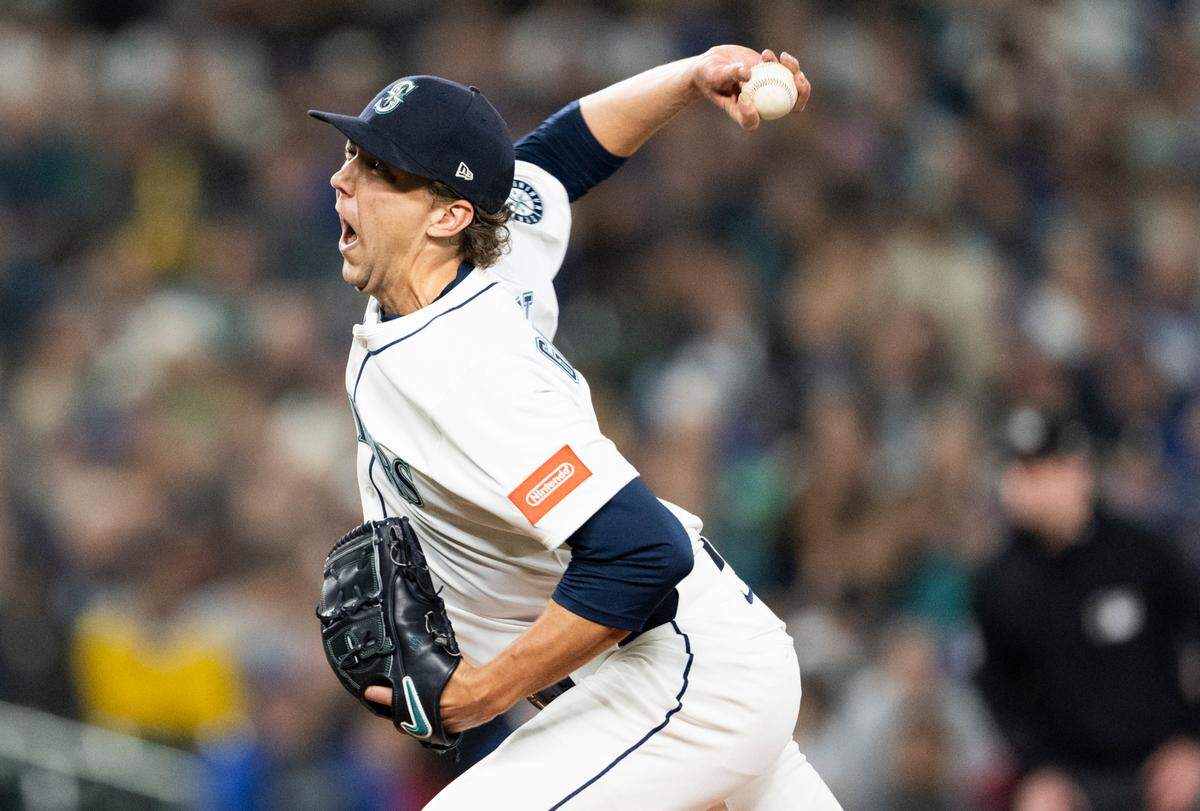 Seattle Mariners pitcher Logan Gilbert (36)pitches during the first inning of the opening day game against the Oakland Athletics at T-Mobile Park, on Thursday, March 27, 2025, in Seattle, Wash.