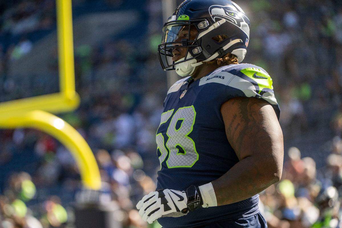 Seattle Seahawks guard Damien Lewis (68) warms up prior to the start of an NFL game against the Atlanta Falcons on Sunday, Sept. 25, 2022, at Lumen Field in Seattle.