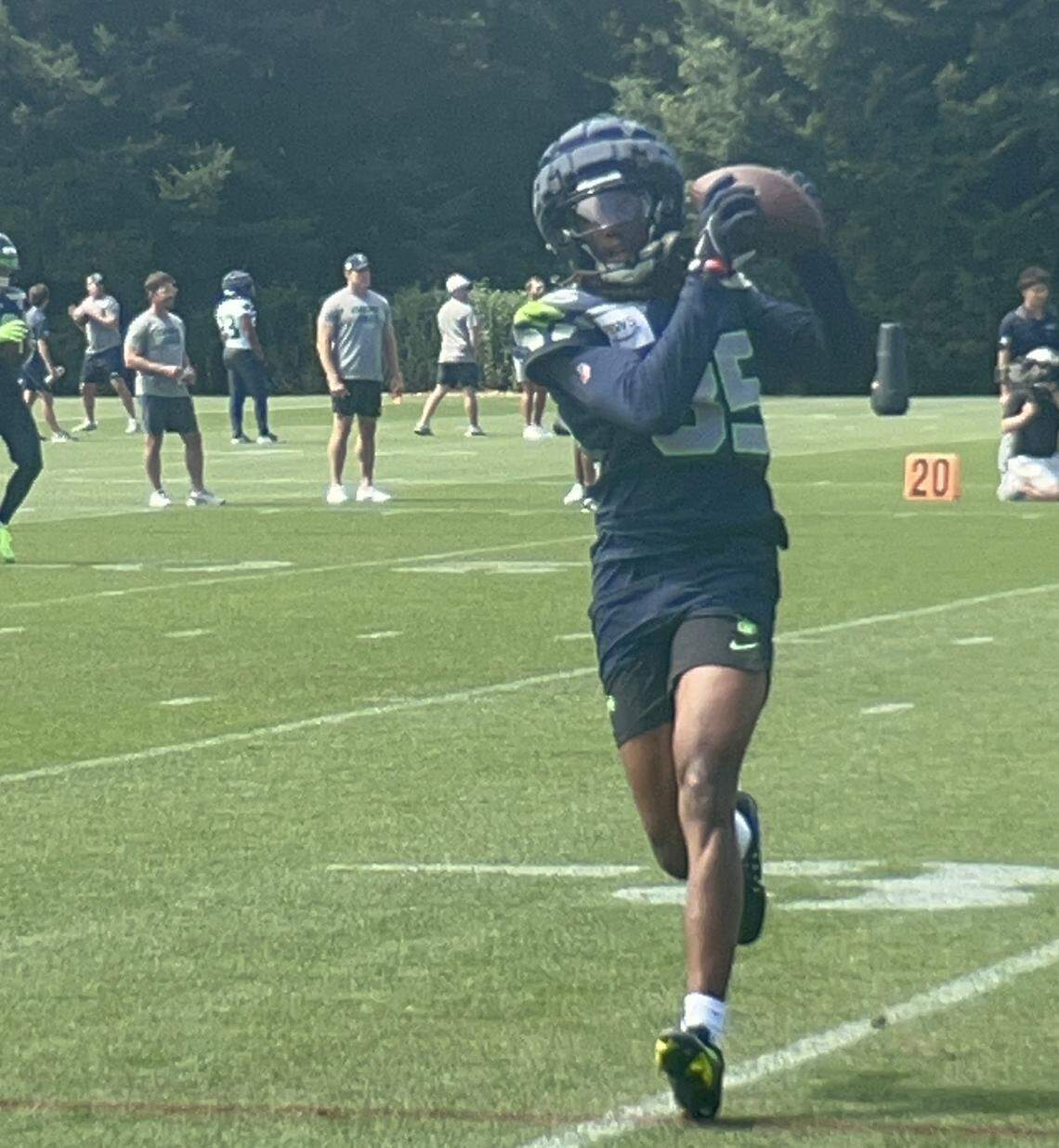 Rookie free-agent wide receiver Tyrone Broden from the University of Arkansas, Bowling Green State University and his native Detroit catches a pass in the 12th practice of Seattle Seahawks NFL training camp Tuesday, Aug. 5, 2025, at the Virginia Mason Athletic Center in Renton.