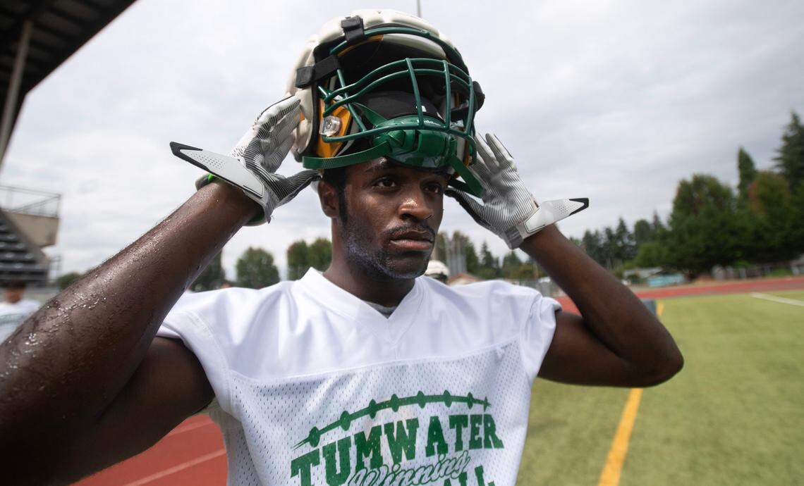 Tumwater running back Jaylin Nixon during a break in drills during preseason football practice at Tumwater District Stadium in Tumwater, Washington, on Thursday, Aug. 22, 2024.