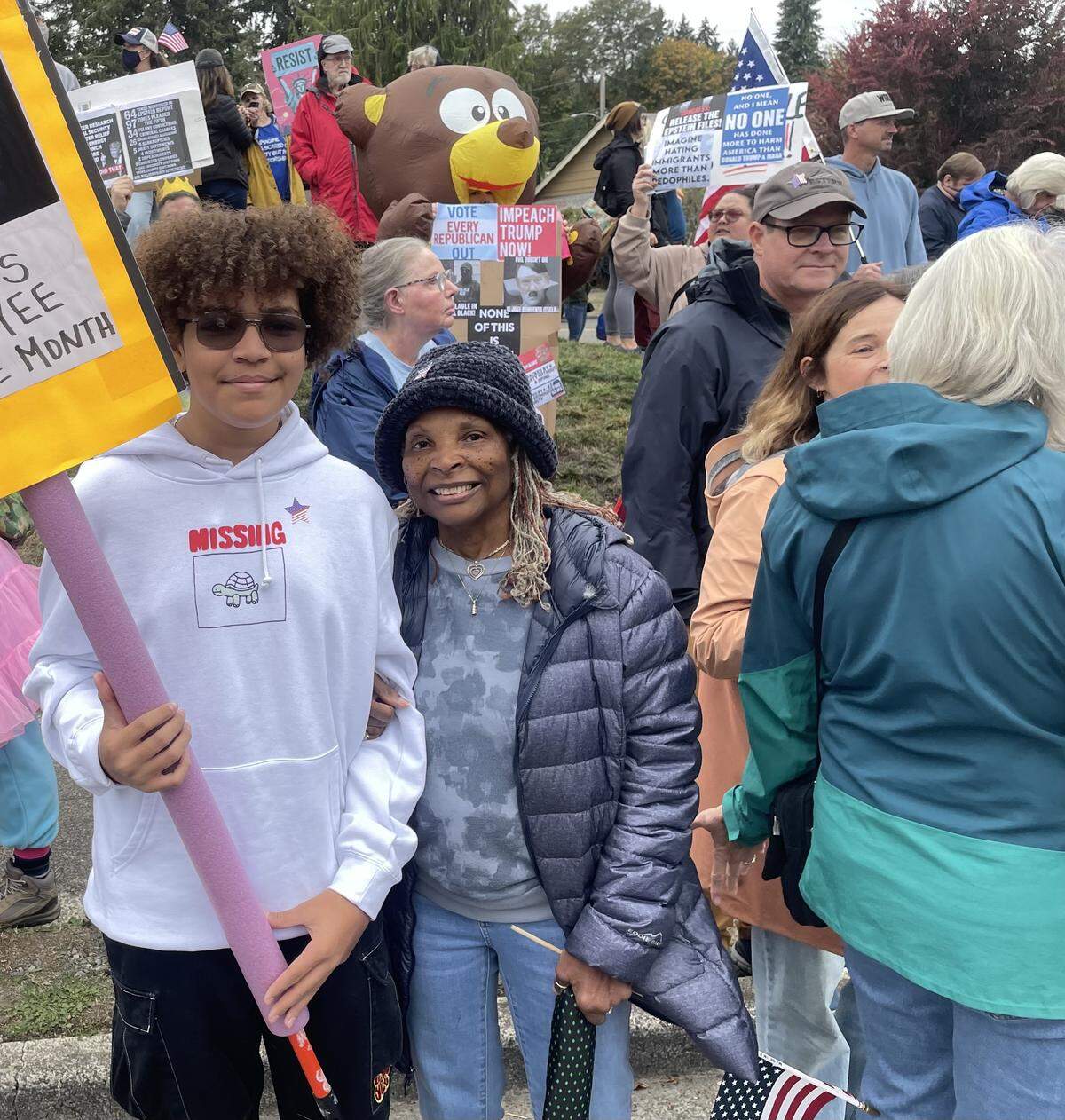 The No Kings protest at Point Defiance on Oct. 28, 2025 was 81-year-old Stine Armstrong’s first protest. Armstrong went with her 14-year-old grandson, Isaiah Richardson.