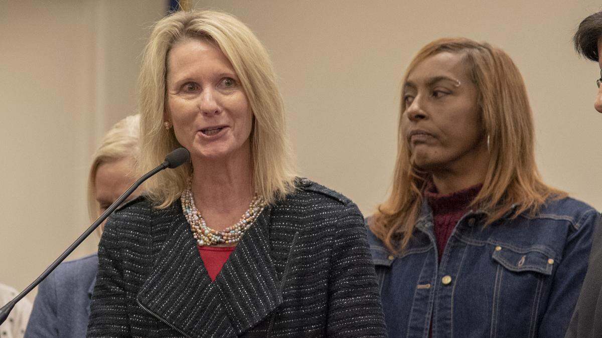 Sen. Patty Kuderer, D-Bellevue, speaks during a press conference on Feb. 7 about her Senate bill, SB 5600. The bill would have an impact on landlord-tenant laws in Washington state.