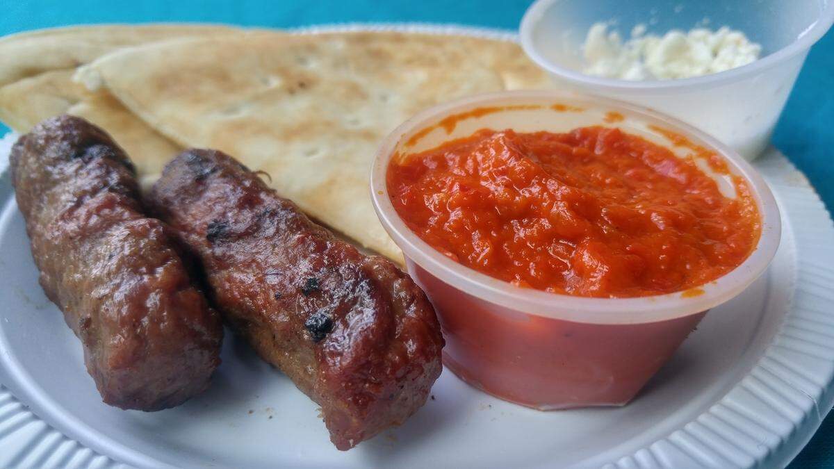 A cevapcici sausage plate with warm pita, kajmak cheese and ajvar from the 2017 Konoba. The plate will be served again this year at the Slavonian American Benevolent Society Hall in Old Town Tacoma.