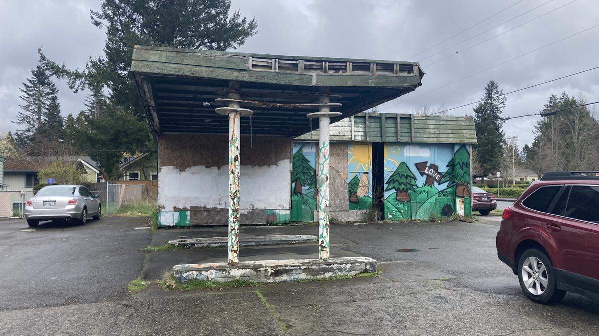 The former gas station at 1400 Bethel Street in Olympia was razed Wednesday, April 26 as part of a plan to transform the area into a community and business space.