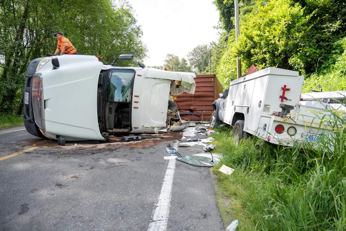 On Wednesday June 8, 2022 a semi-truck collided and rolled over causing a road closure on Canyon Rd E & Pioneer Way E. It is unclear how the rollover happened. Pierce County Deputy G. Bol and Commercial Vehicle Enforcement Officer E. Wiltse were unable to figure out the cause of it at the scene and will further investigate the semi once it is moved off-scene.