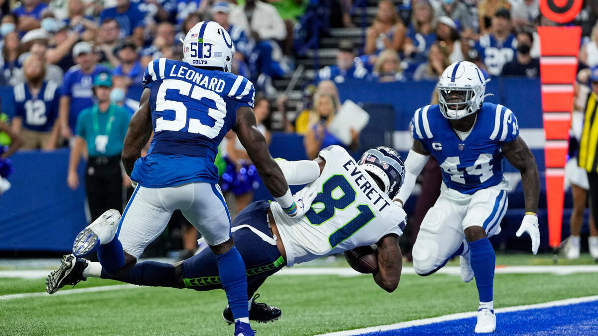 Seattle Seahawks tight end Gerald Everett (81) scores a touchdown between Indianapolis Colts outside linebacker Darius Leonard (53) and outside linebacker Zaire Franklin (44) during the first half of an NFL football game in Indianapolis, Sunday, Sept. 12, 2021. (AP Photo/AJ Mast)