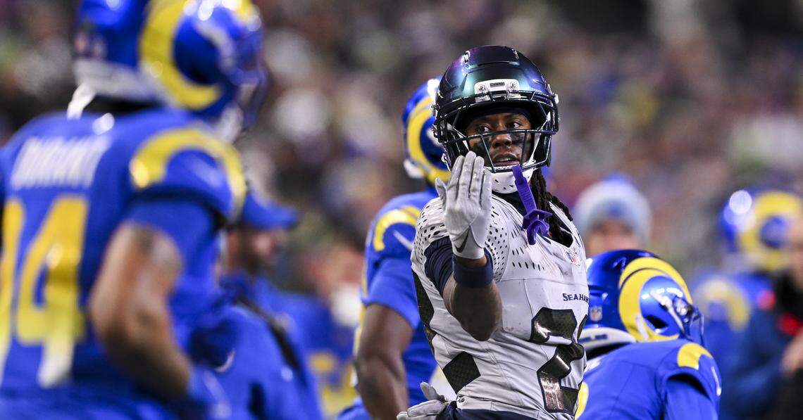 Seattle Seahawks wide receiver Rashid Shaheed (22) reacts to a 31-yard rush against the Los Angeles Rams during the third quarter of the game at Lumen Field, on Thursday, Dec. 18, 2025, in Seattle.
