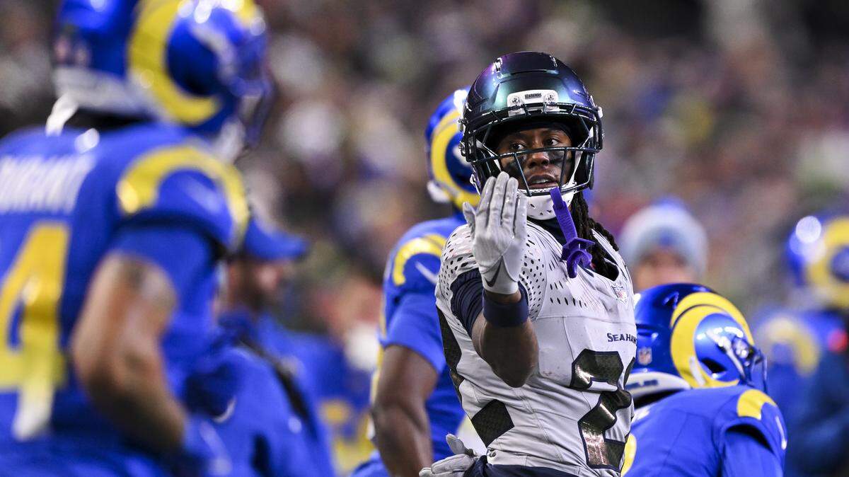 Seattle Seahawks wide receiver Rashid Shaheed (22) reacts to a 31-yard rush against the Los Angeles Rams during the third quarter of the game at Lumen Field, on Thursday, Dec. 18, 2025, in Seattle.