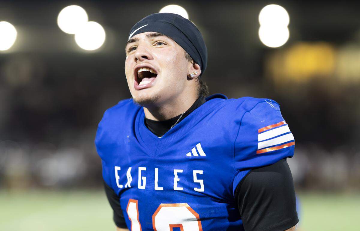 Graham-Kapowsin Eagles wide receiver Blake Pearson (12) celebrates their victory in the closing seconds of the game against the O'Dea Fighting Irish at Art Crate Field, on Friday, Sept. 5, 2025, in Spanaway, Wash.