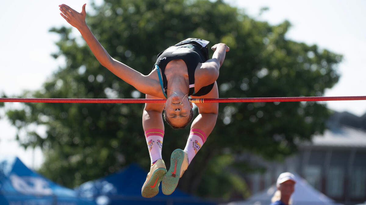 Emerald Ridge’s JaiCieonna Gero-Holt clears the bar en route to a state title in the 4A girls high jump during the second day of the WIAA state track and field championships at Mount Tahoma High School in Tacoma, Washington, on Friday, May 26, 2023. Gero-Holt followed up the high jump victory with a state championship in the 4A girls 100-meter hurdles, her third state title of the weekend so far.