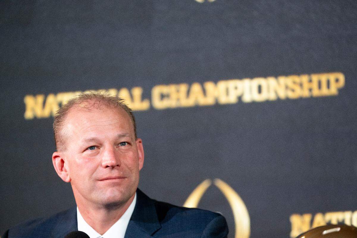 Washington head coach Kalen DeBoer answers questions from the media ahead of the College Football Playoff National Championship game, on Sunday, Jan. 7, 2024, in Houston.