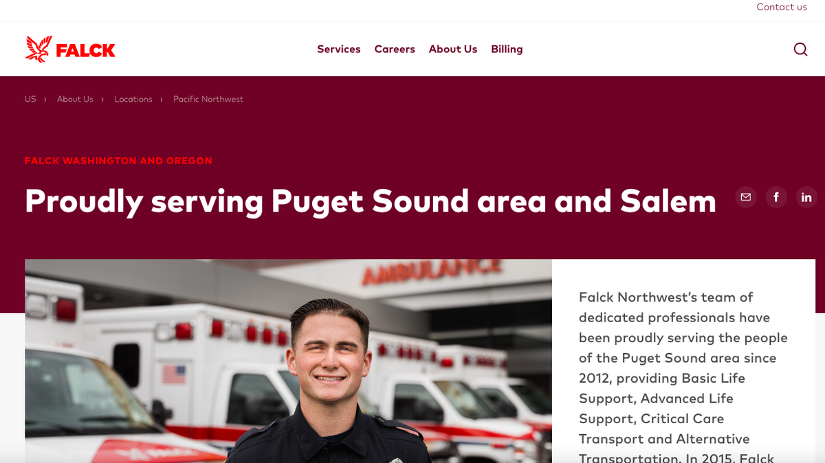 A recent screenshot of the Falck Northwest website. Falck is shuttering its Washington operations this year.