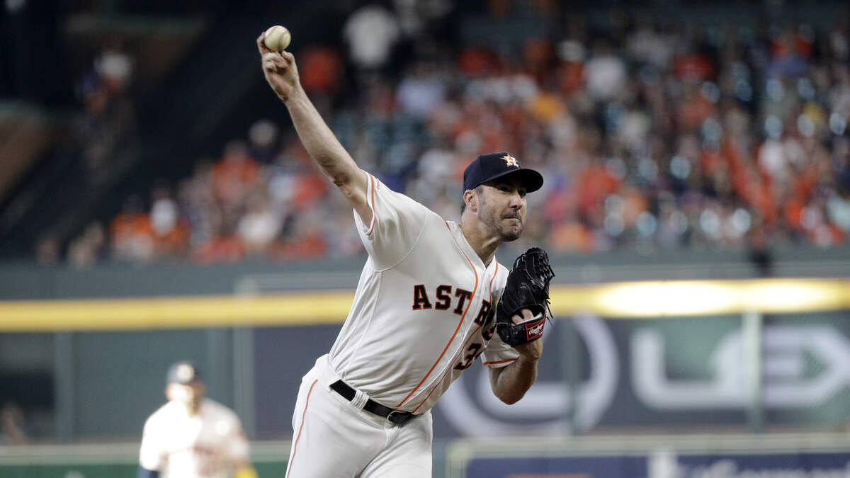 Houston Astros starting pitcher Justin Verlander throws against the Seattle Mariners during the first inning of a baseball game Saturday, Sept. 7, 2019, in Houston. 