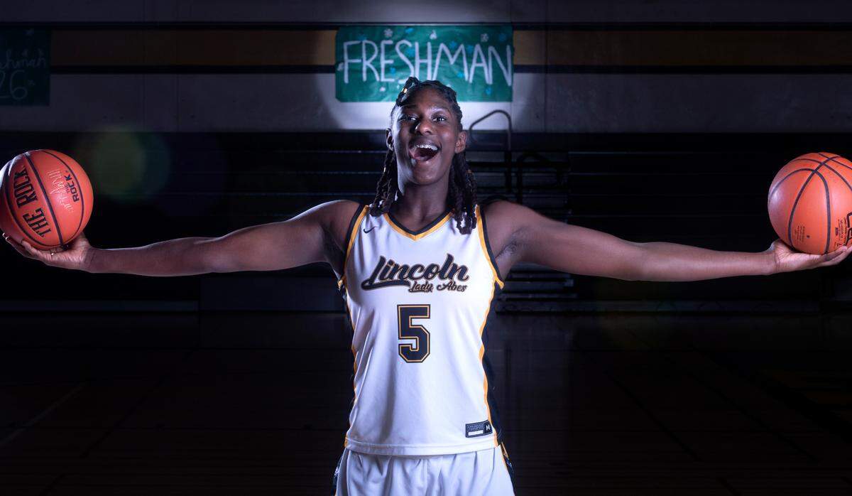 Lincoln freshman Oliviyah Edwards is one of the nation’s top basketball recruits. She is shown before basketball practice at Lincoln High School in Tacoma, Washington, on Thursday, Feb. 23, 2023.
