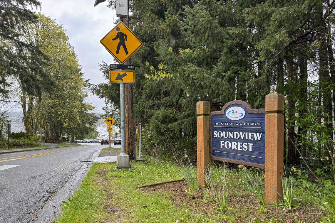 An entrance to Soundview Forest is near the intersection of Soundview Drive and Judson Street in Gig Harbor, Wash., pictured Tuesday, April 14, 2026.