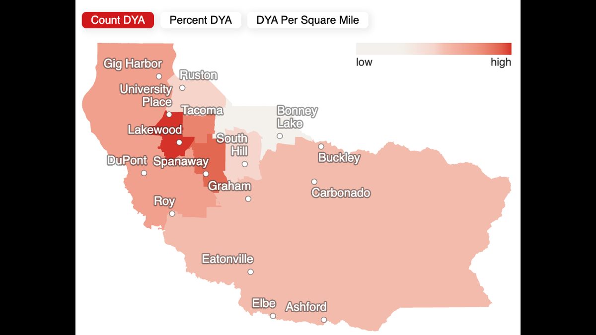 A map included in a new WorkForce Central report shows the concentration of “DYA,” disconnected young adults, in Pierce County.