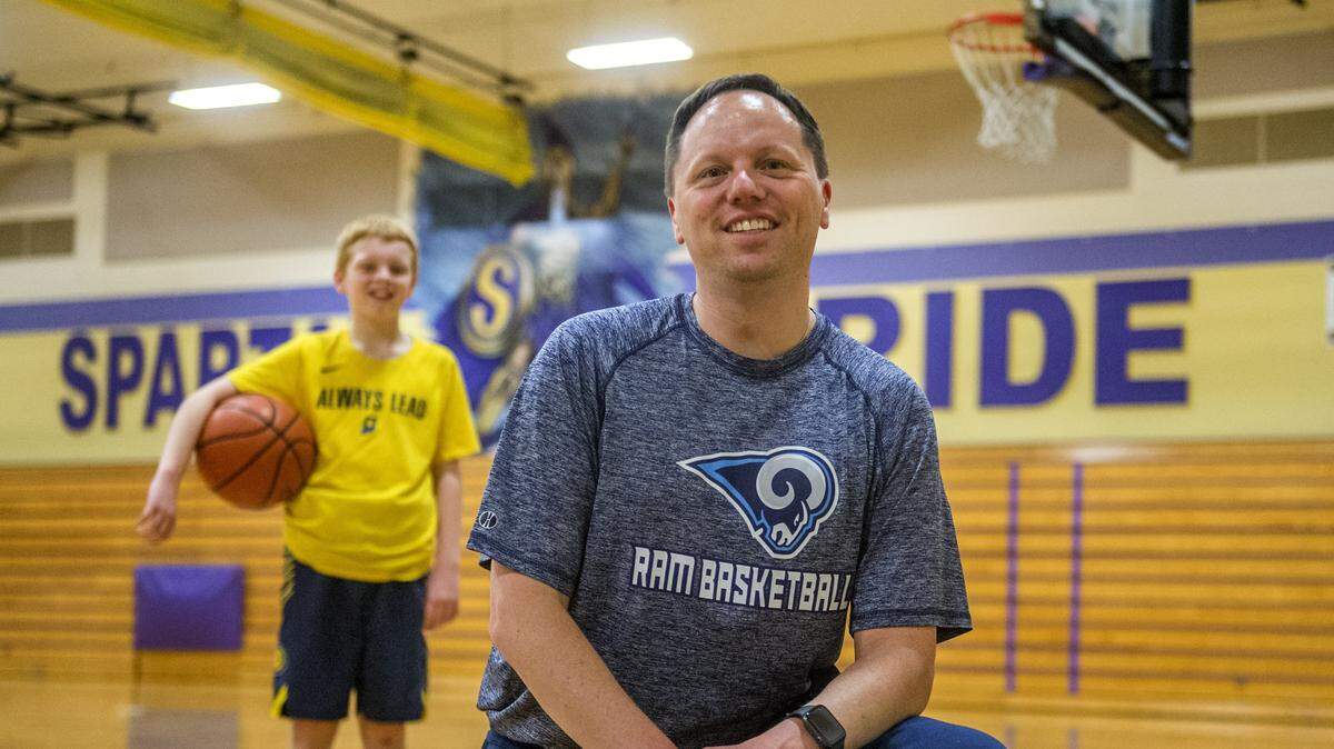 Ryan Carr, director of player personnel for the Indiana Pacers, visits Sumner High School with his son Austin, November 3, 2018.  He attended both Sumner High School and Rogers before being hired by basketball legends Bob Knight and, later, Larry Bird.