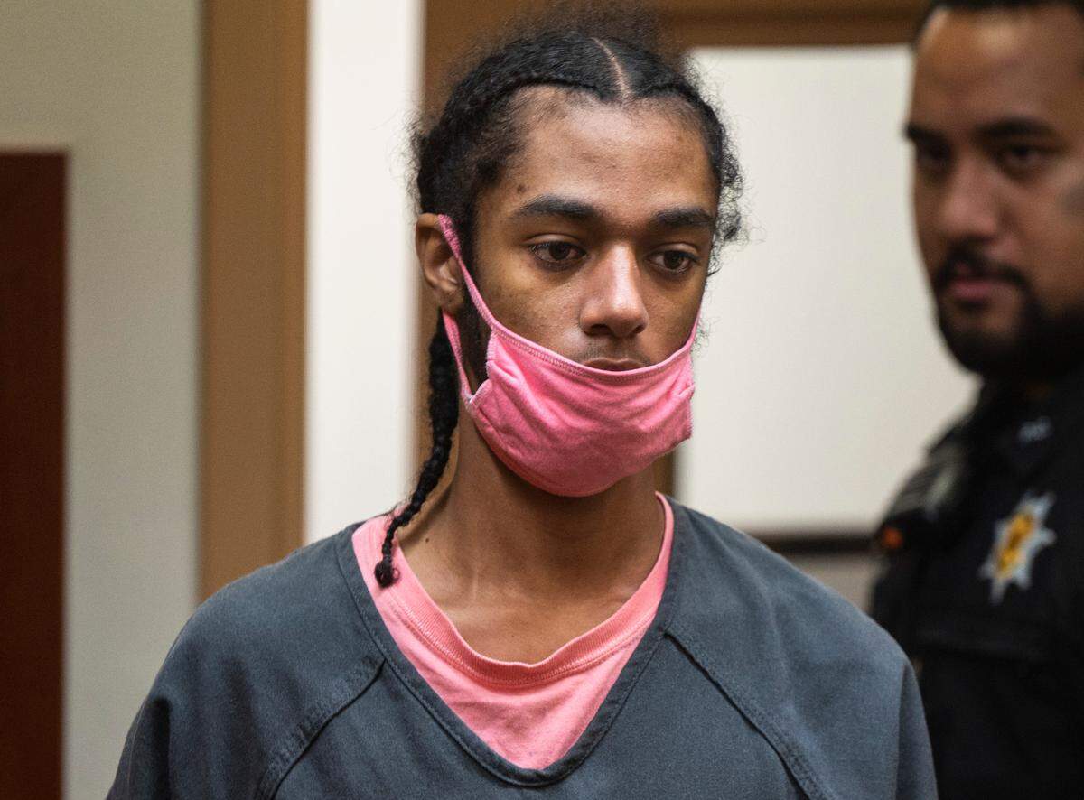 Kevin O’Neal Harvey, 22, appears in court for his arraignment after being charged with two counts of second-degree murder for the Sept. 5 fatal shooting of 42-year-old Papaloa Sauileone, at the Pierce County Superior Court in Tacoma, Wash. on Oct. 10, 2022.
