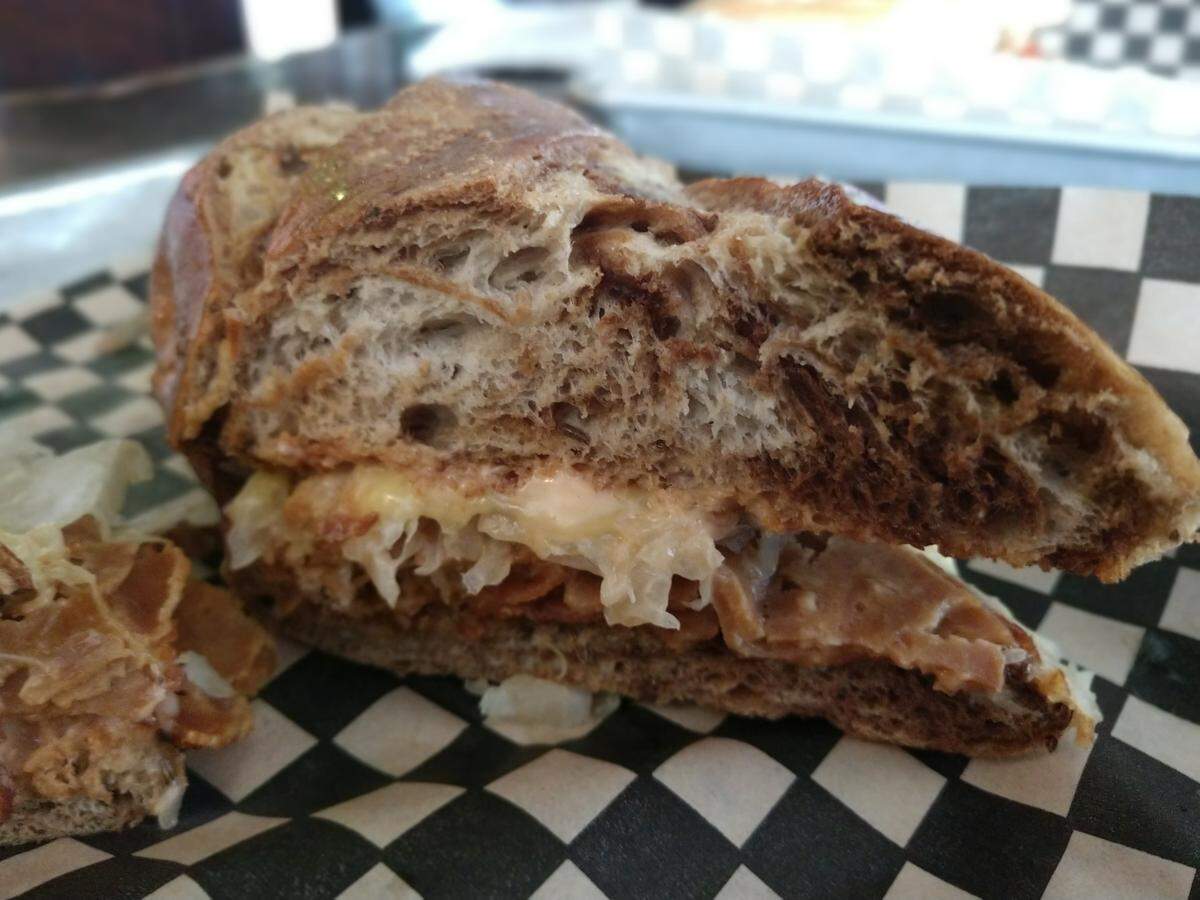 The meatless Reuben sandwich, made with seitan, fromTacoma’s Eleven Eleven, a bar in the Hilltop neighborhood.