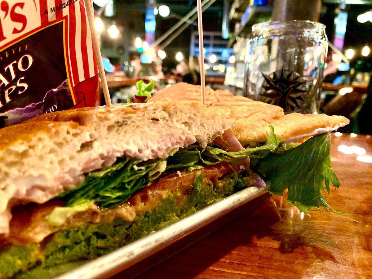 The sandwiches at 3uilt, inside 7 Seas Brewing taproom in Tacoma, Wash., are all delicious, including the vegetarian Green Goddess. Oysters, beer-broth Manila clams and a very good pretzel complete the menu at this brewing district destination.