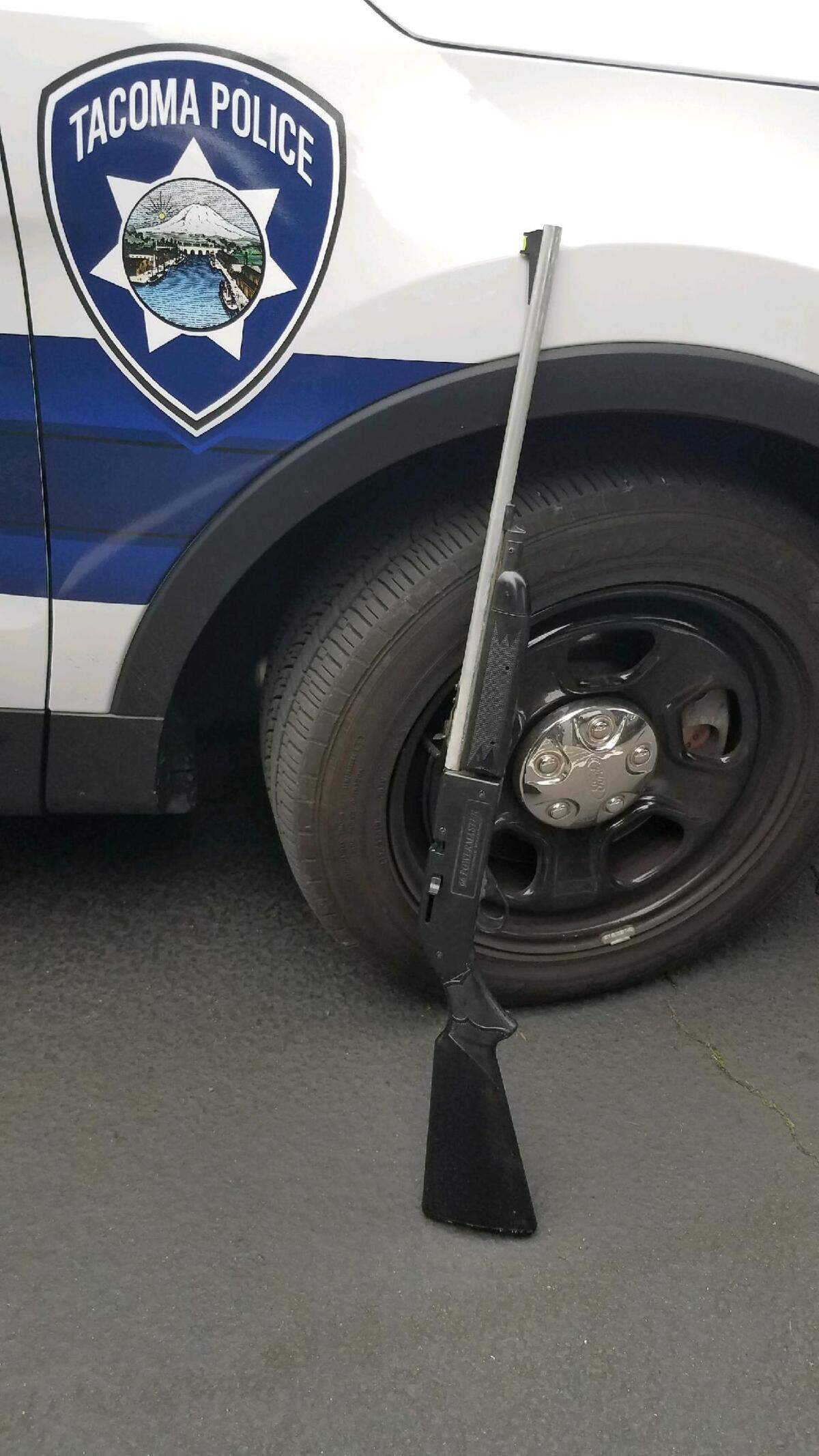 Tacoma Police Department officers de-escalated a tense situation Tuesday evening outside of a middle school when a man called 911 to report he had a gun and was thinking of hurting himself.&nbsp;Police determined the gun, shown here, was a BB gun.