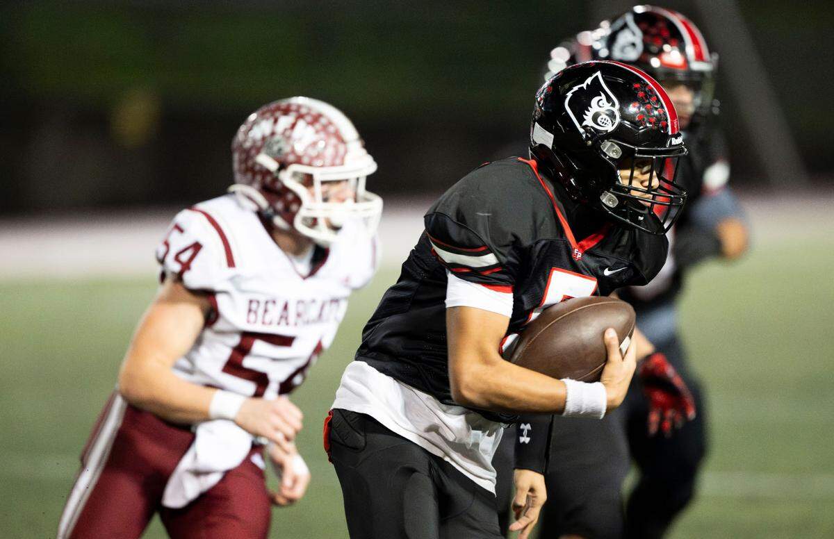 Franklin Pierce’s Jeremiah Orcutt (5) carries the ball against W.F. West  during the first half of the game at Franklin Pierce High School on Friday, Nov. 22, 2024 in Tacoma, Wash. 