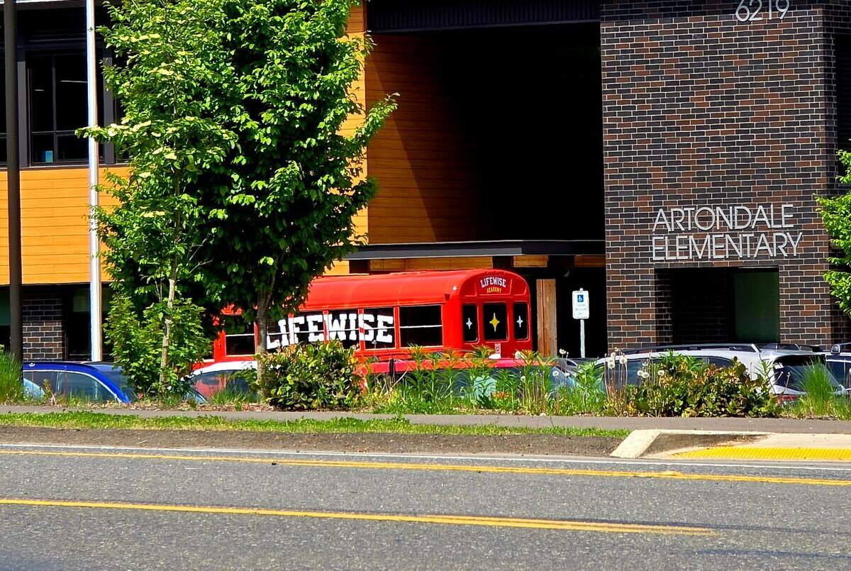 A LifeWise Academy bus at Artondale Elementary, Friday, May 1, 2026.