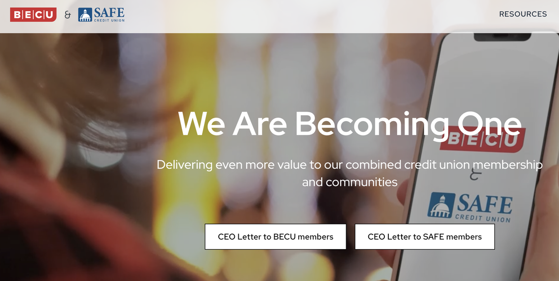 This screenshot on Tuesday shows the combined announcement website for BECU and SAFE Credit Union.