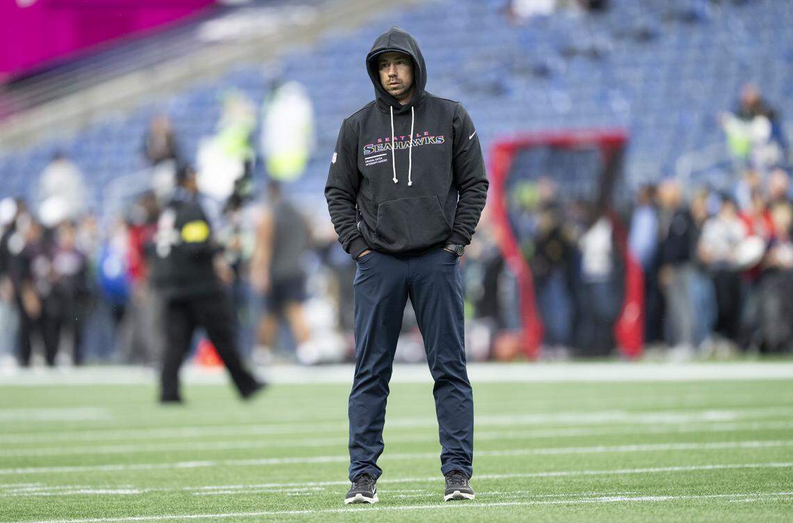 Seattle Seahawks offensive coordinator Klint Kubiak looks on before the game between the Seattle Seahawks and the Houston Texans at Lumen Field, on Monday, Oct. 20, 2025, in Seattle.