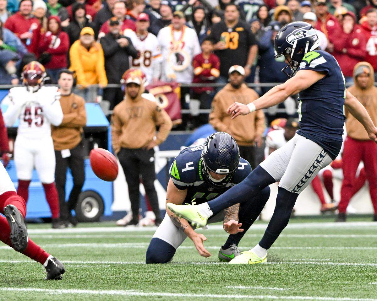 Seattle Seahawks place kicker Jason Myers (5) kicks a field goal during the first quarter of the game against the Washington Commanders at Lumen Field, on Sunday, Nov. 12, 2023, in Seattle, Wash.