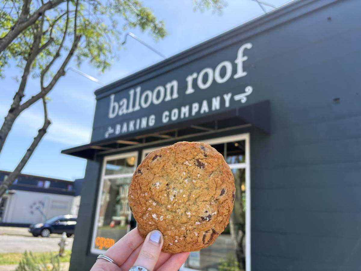 The Balloon Roof chocolate chip cookie has crispy edges and is topped with Maldon Sea Salt.