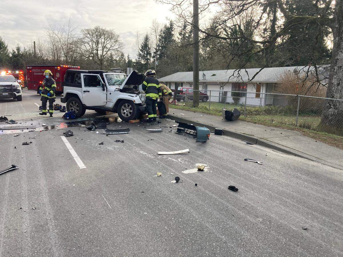 Central Pierce Fire & Rescue personnel on the scene of a two-car fatal collision that occurred Saturday, Feb. 25 near the 16500 block of Spanaway Loop Road. A Tacoma man driving an Acura with his dog was killed, and a woman in the Jeep was seriously injured.