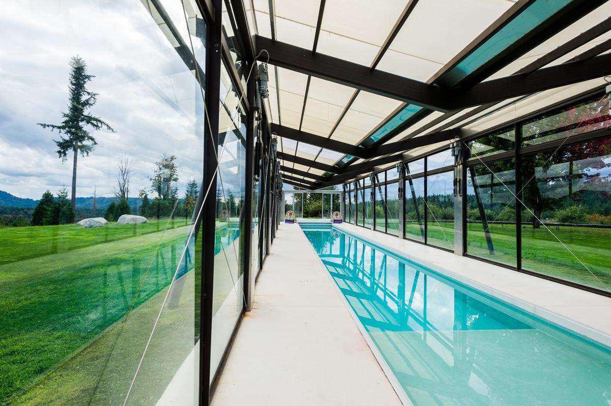 A view of the 80-foot-long saltwater lap pool in Tenino, Wash., on Thursday, Sept. 13, 2018. The estate is called Merkaba, which, potential buyers are told, means light, spirit and body. The $11 million property is the most expensive personal property ever listed in Thurston, Pierce and Mason counties. The house features solar panels and geothermal heating.