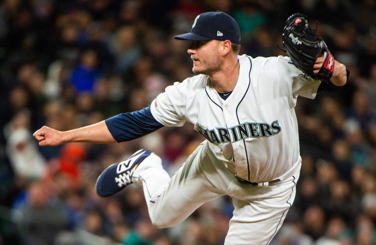 Mariners pitcher Connor Sadzeck pitches in the eighth inning. The Seattle Mariners played the Houston Astros in a Major League Baseball game at T-Mobile Park in Seattle, Wash., on Saturday, April 13, 2019.