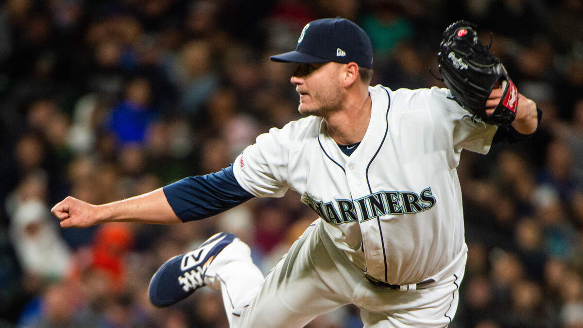 Mariners pitcher Connor Sadzeck pitches in the eighth inning. The Seattle Mariners played the Houston Astros in a Major League Baseball game at T-Mobile Park in Seattle, Wash., on Saturday, April 13, 2019. 
