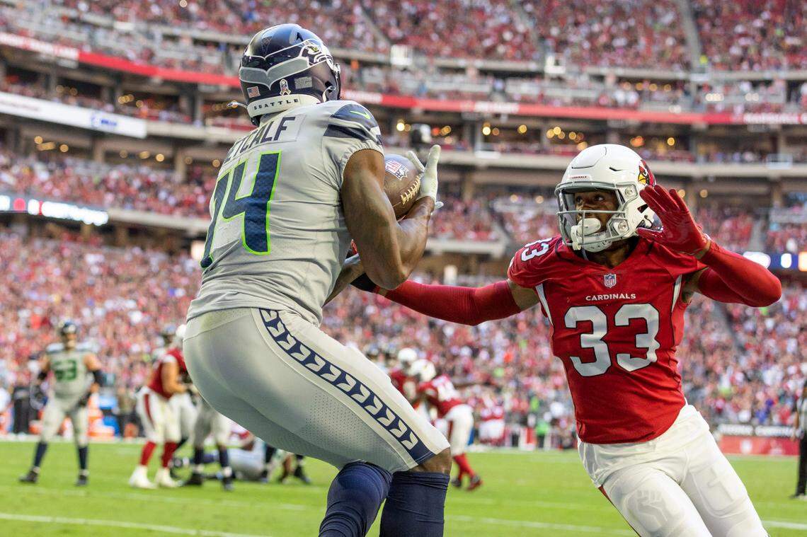 Seattle Seahawks wide receiver DK Metcalf (14) catches a touchdown while being defended by Arizona Cardinals cornerback Antonio Hamilton (33) in an NFL football game, Sunday, Nov. 6, 2022, in Glendale, Ariz. (AP Photo/Jeff Lewis)