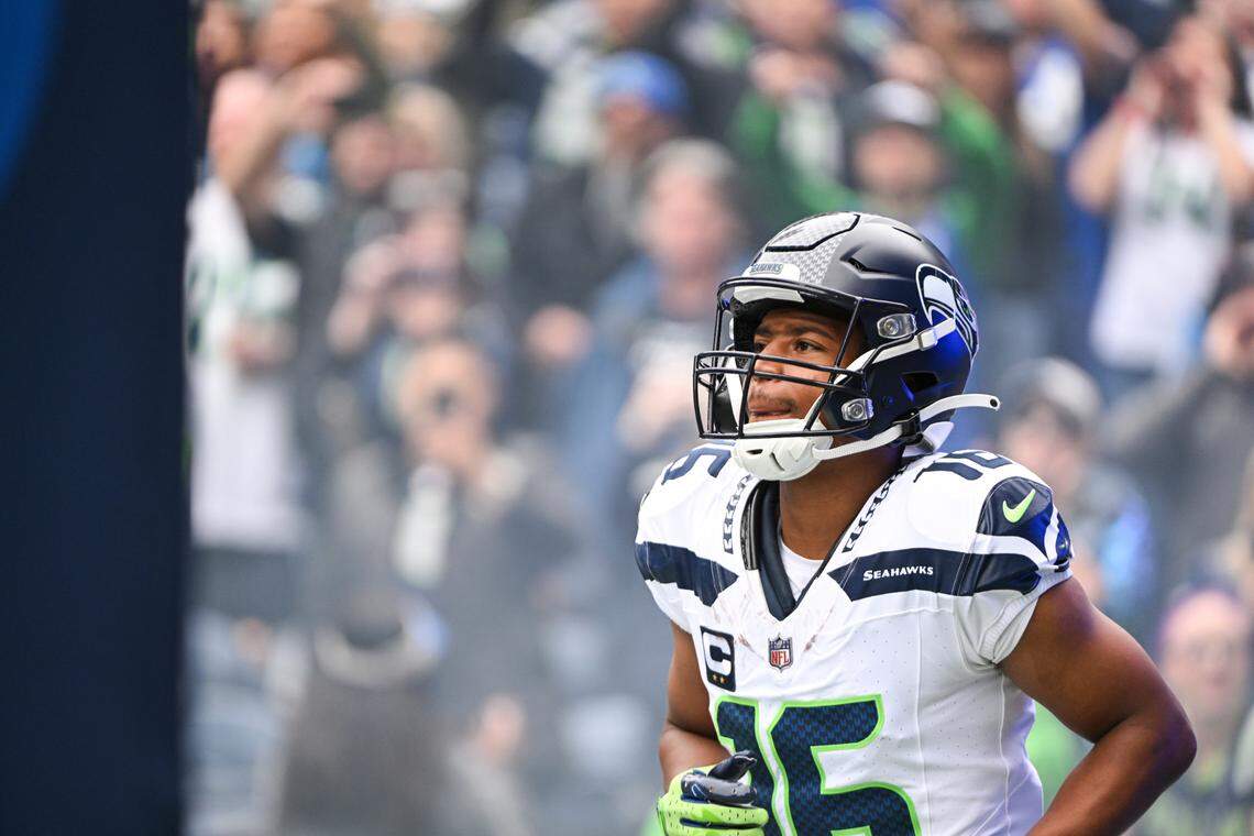 Seattle Seahawks wide receiver Tyler Lockett (16) runs out on the field before the game between the Seattle Seahawks and the Carolina Panthers at Lumen Field, Sunday, Sept. 24, 2023, Seattle, Wash.