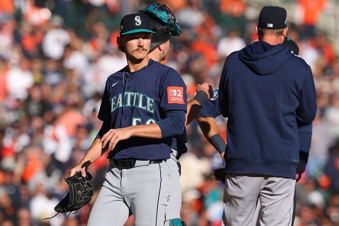 DETROIT, MICHIGAN - OCTOBER 08: Bryce Miller #50 of the Seattle Mariners is removed from the fifth inning of game four of the American League Division Series against the Detroit Tigers at Comerica Park on October 08, 2025 in Detroit, Michigan. (Photo by Gregory Shamus/Getty Images)