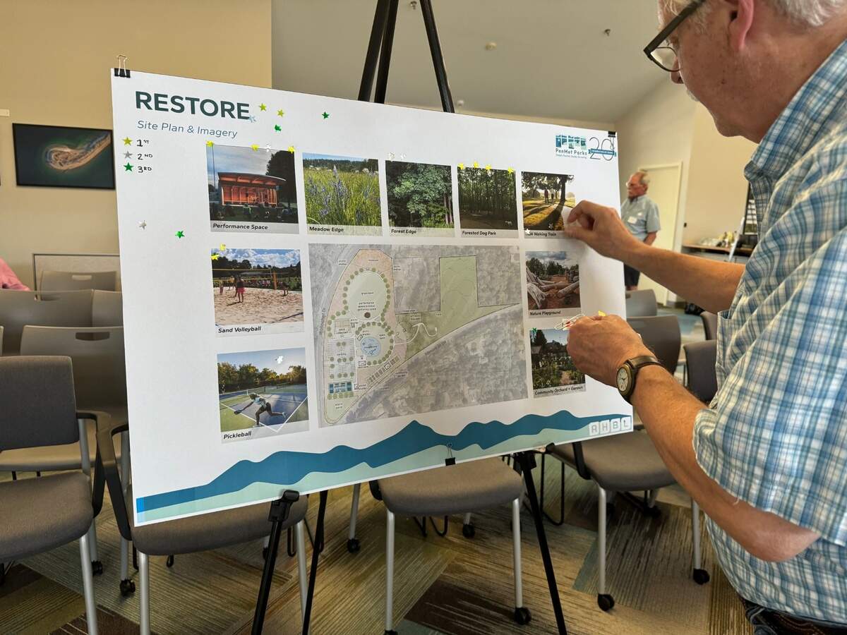 An attendee places a sticker on the Restore display board indicating his favor for the design at the second public meeting about the master plan for the former Peninsula Gardens property on July 25, 2024.