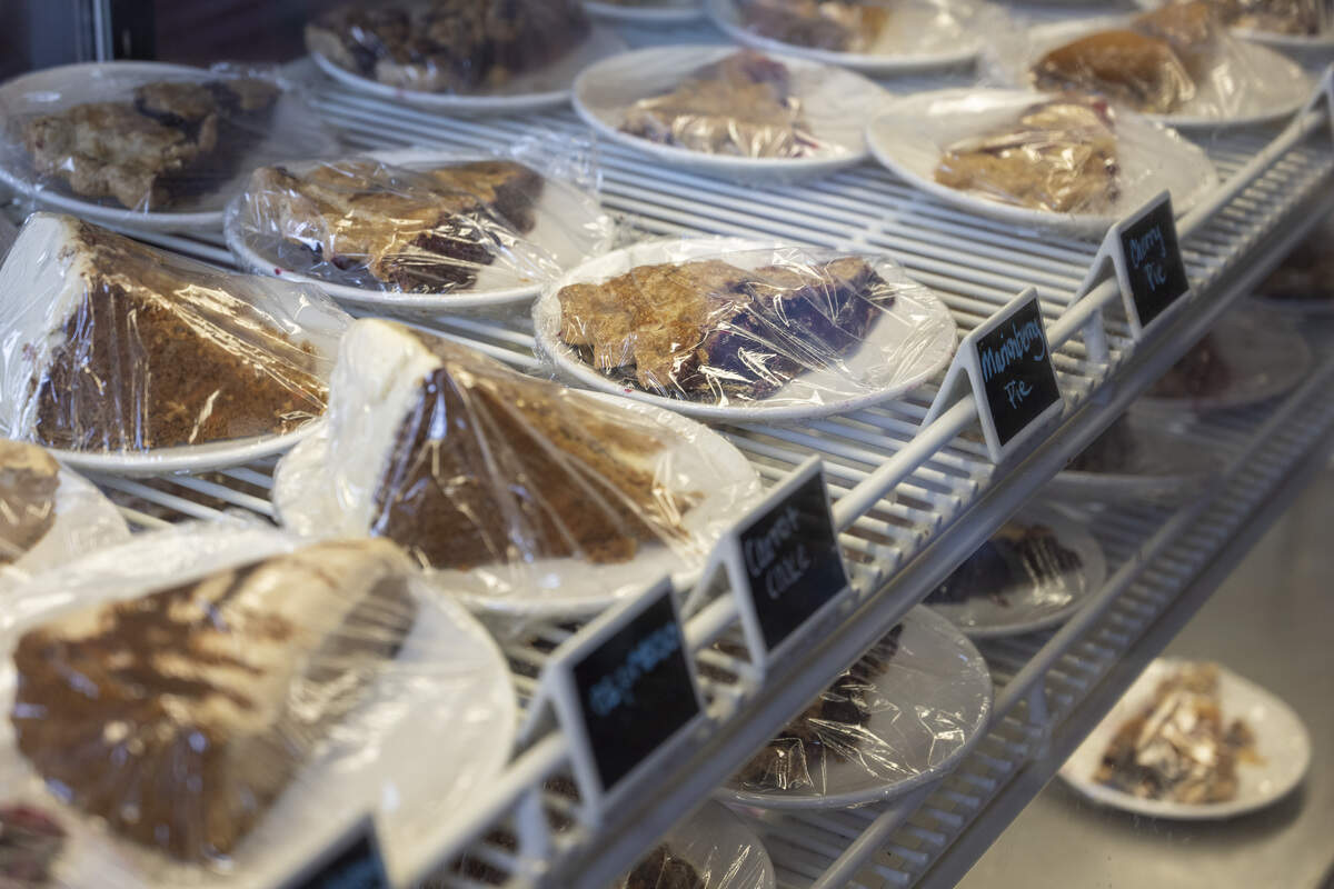 A selection of pies sit on display at Antique Sandwich Co. on Tuesday, April 14, 2026, in Tacoma. Baked goods are offered in addition to their breakfast, lunch and dinner menu options.