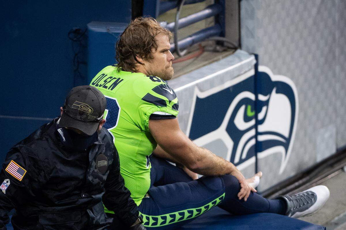 Seattle Seahawks tight end Greg Olsen is carted off. The Seattle Seahawks played the Arizona Cardinals in a NFL football game at Lumen Field in Seattle, Wash., on Thursday, Nov. 19, 2020.