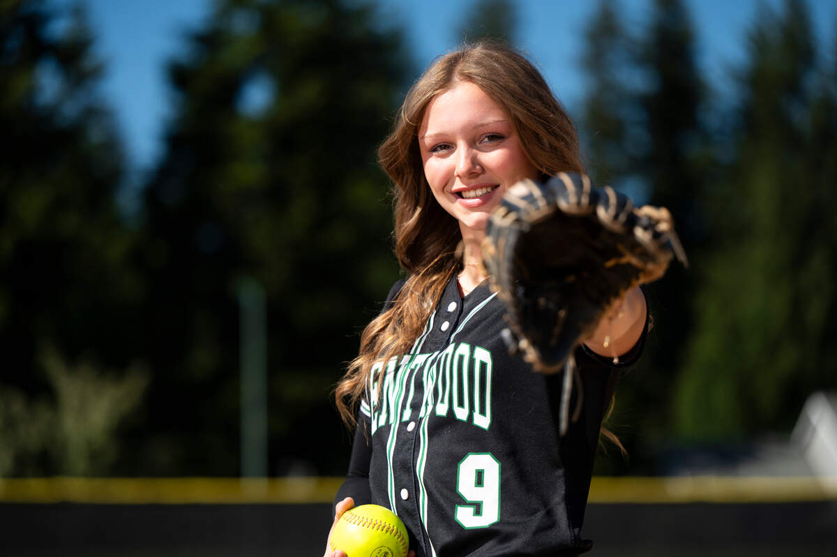 Kentwood pitcher and Arizona commit Sarah Wright poses for a portrait at Kentwood High School, on Thursday, June 6, 2024, in Covington, Wash. Wright is The News Tribune’s 2024 All-Area softball player of the year.