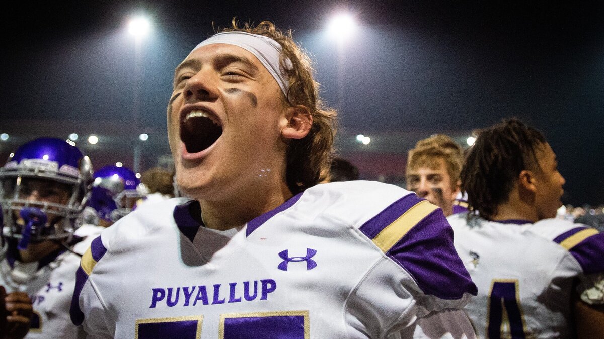 Puyallup’s Ben Schumock (55) lets out a yell as Puyallup players celebrate their win against Mount Si. Puyallup played Mount Si in a football game at Mount Si High School in Snoqualmie, Wash., on Friday, Nov. 16, 2018.