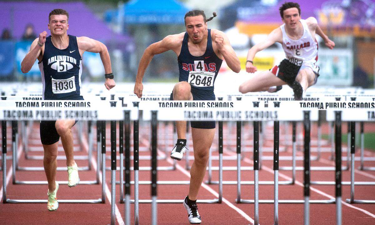 Silas’ Jaylen McCabe runs to a state championship in the 3A boys 110-meter high hurdles during the second day of the WIAA State Track and Field Championships at Mount Tahoma High School in Tacoma, Washington on Friday, May 27, 2022.